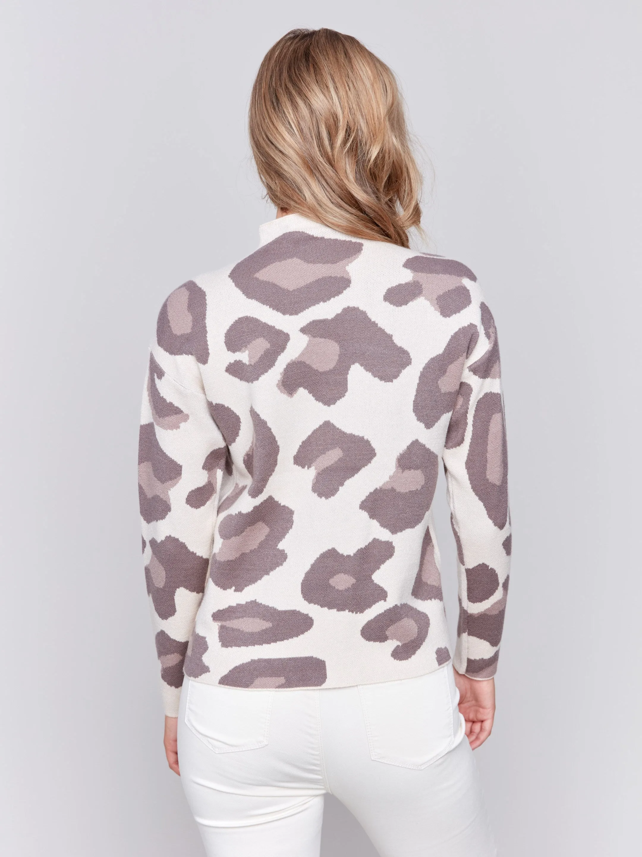 Animal Print Jacquard Mock Neck Sweater - Almond