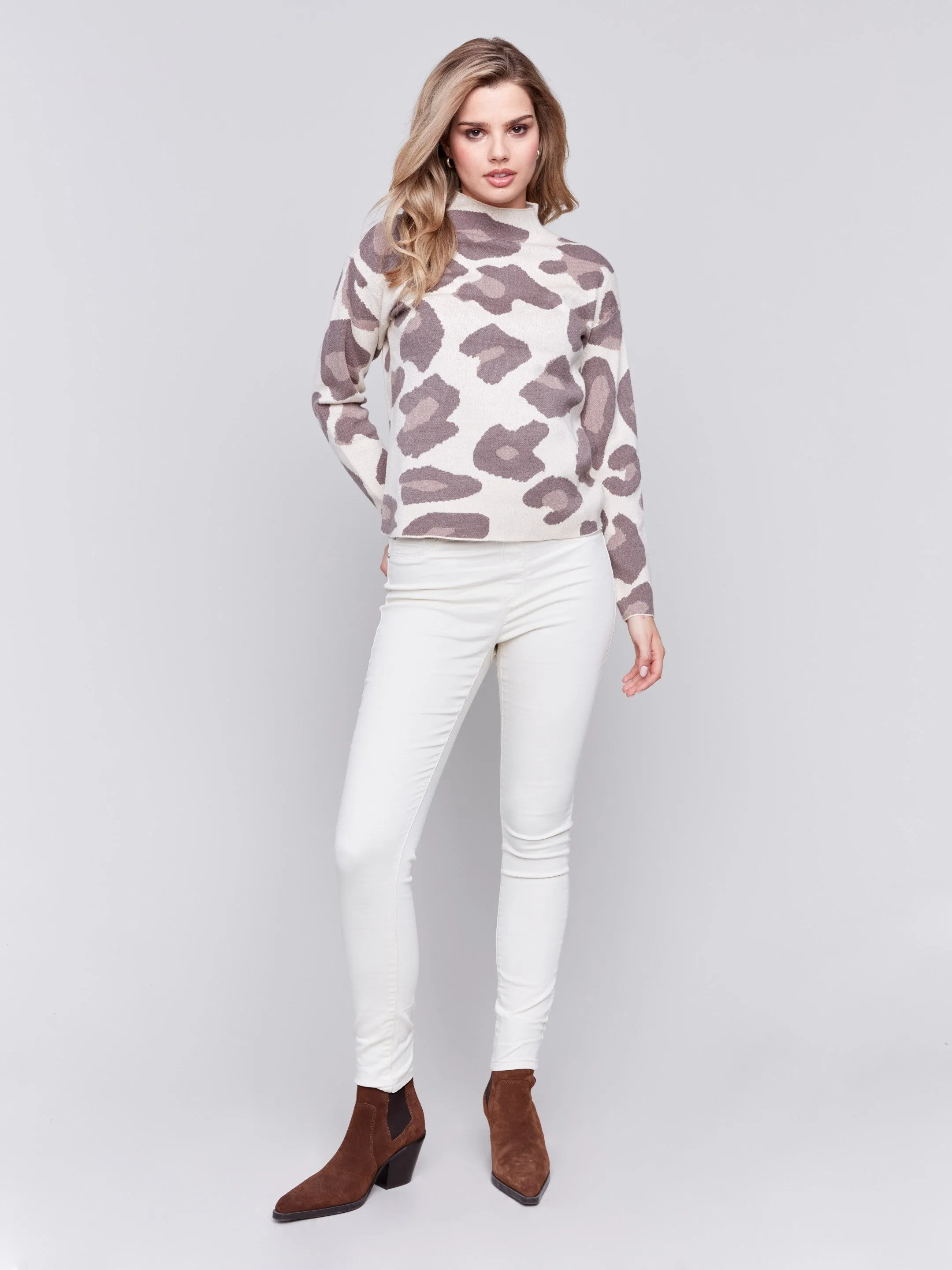 Animal Print Jacquard Mock Neck Sweater - Almond