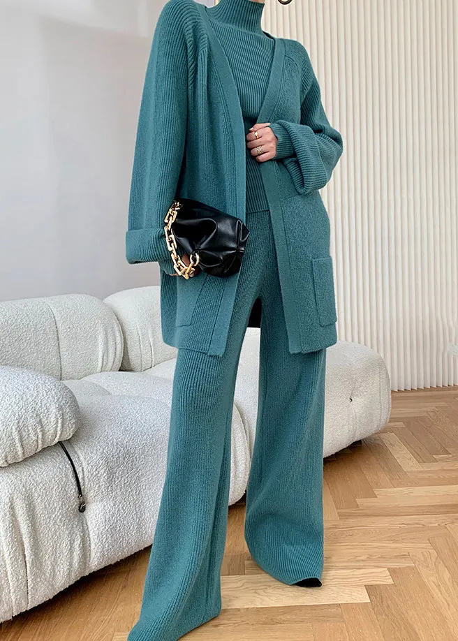 Autumn New Peacock Blue Knitted Wide Leg Pants Sweater And Cardigan 3 Piece Set WO036