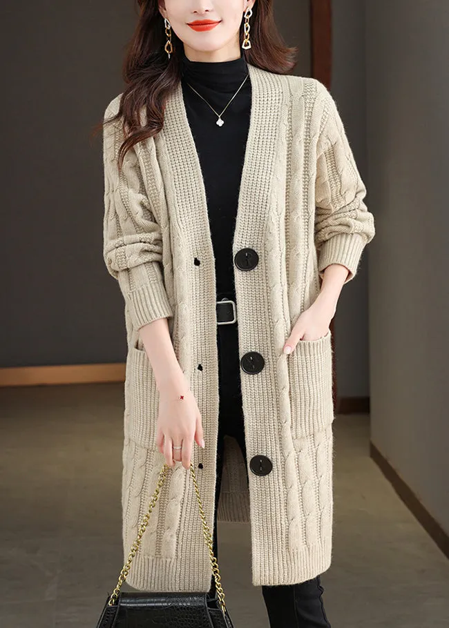 Beige Pockets Cable Wool Knit Fall Cardigans V Neck QS014