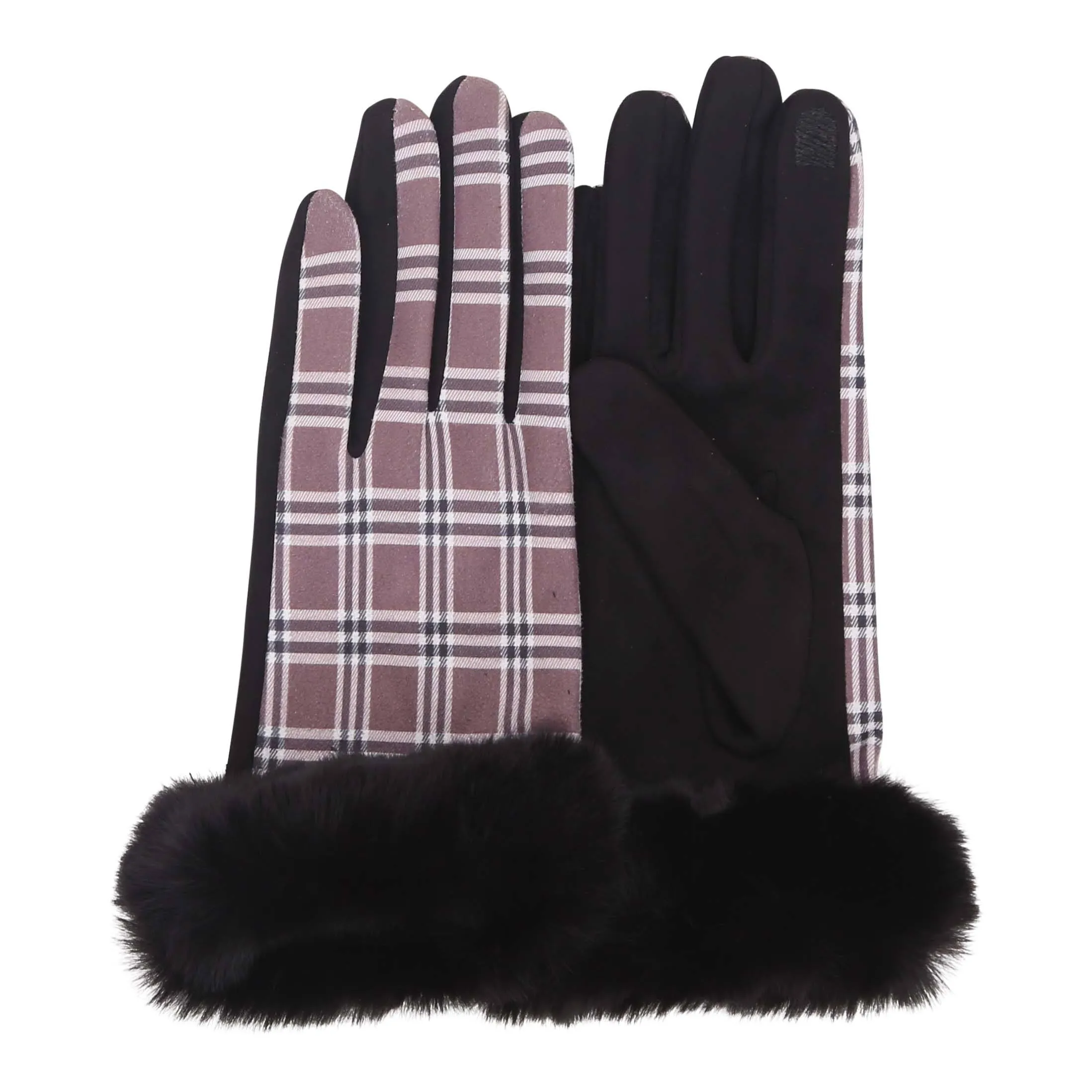 Black & Coco Plaid Fur-Trimmed Texting Gloves