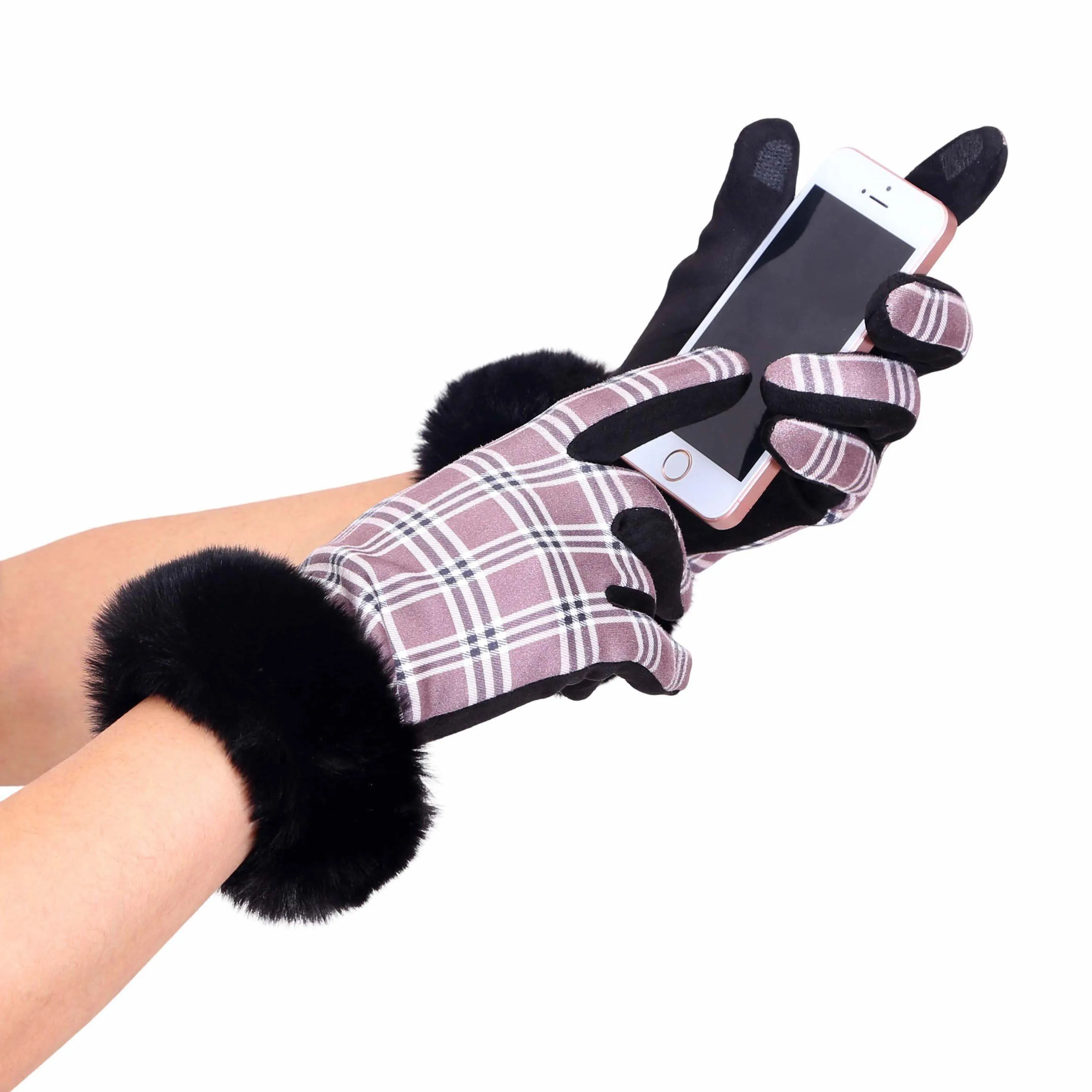 Black & Coco Plaid Fur-Trimmed Texting Gloves