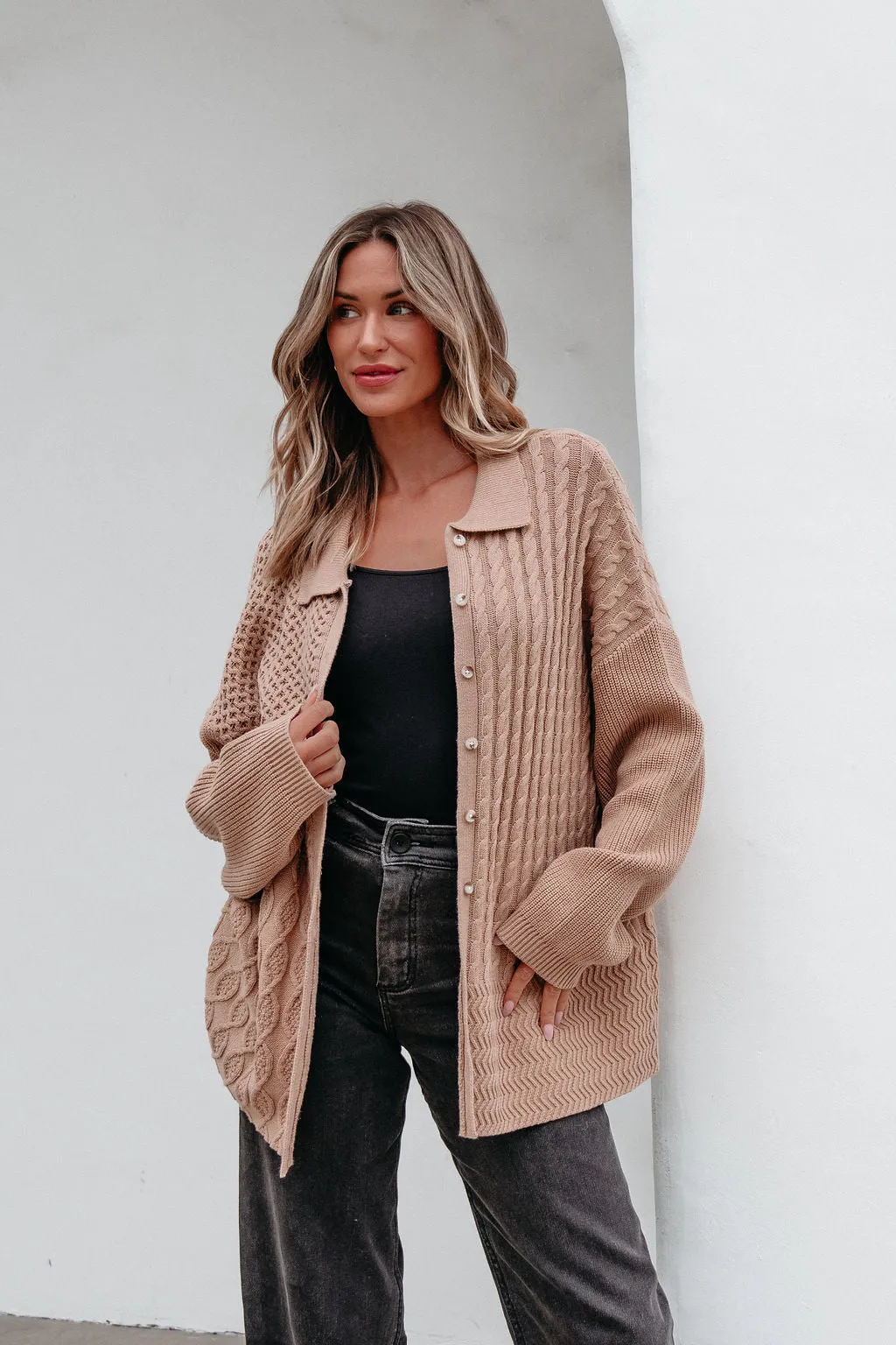 Camel Cable Knit Sweater Cardigan