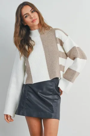 Color Block Mock Turtleneck Sweater TAUPE / IVORY