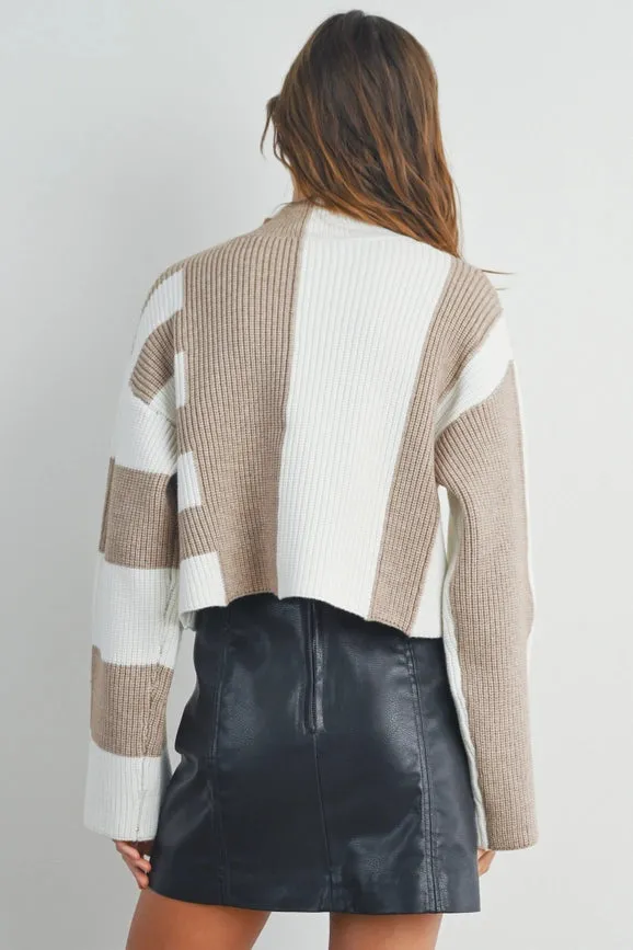 Color Block Mock Turtleneck Sweater TAUPE / IVORY