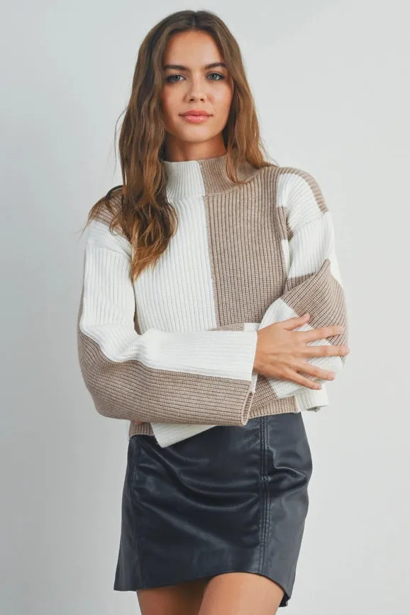 Color Block Mock Turtleneck Sweater TAUPE / IVORY