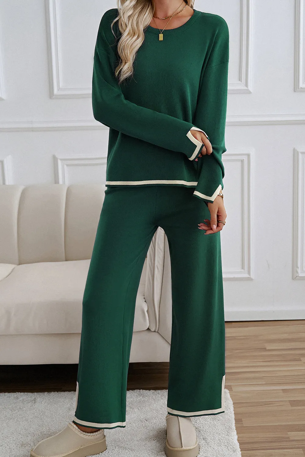 Contrast Trim Sweater and Pants Set