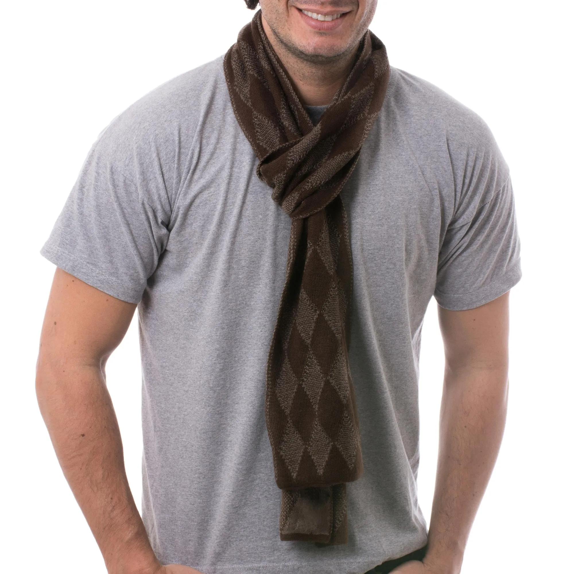 Diamond Brown Men's Knit Alpaca Blend Scarf with Brown Diamond Patterns