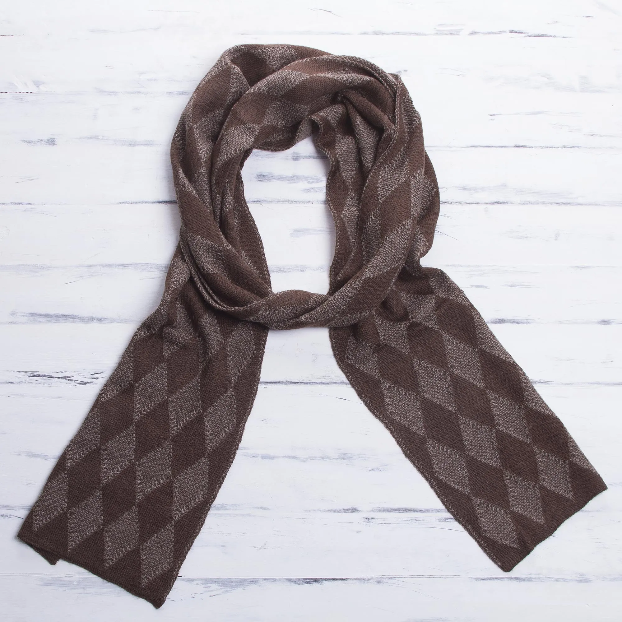 Diamond Brown Men's Knit Alpaca Blend Scarf with Brown Diamond Patterns