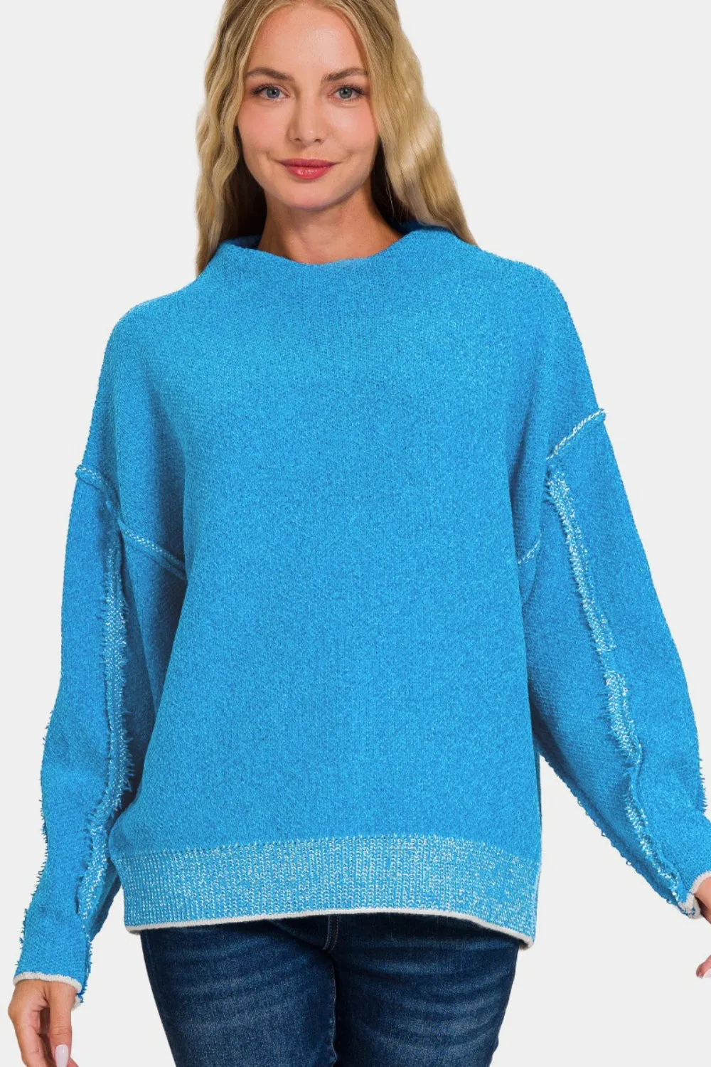 Exposed Seam Mock Neck Long Sleeve Sweater