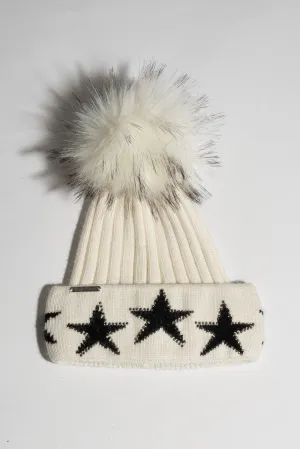 Faux Phoenix Star Embellished Pom Pom Hat - Ecru