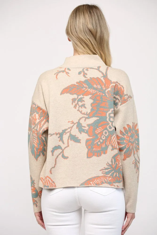 FLORAL ACCENT MOCK NECK SWEATER