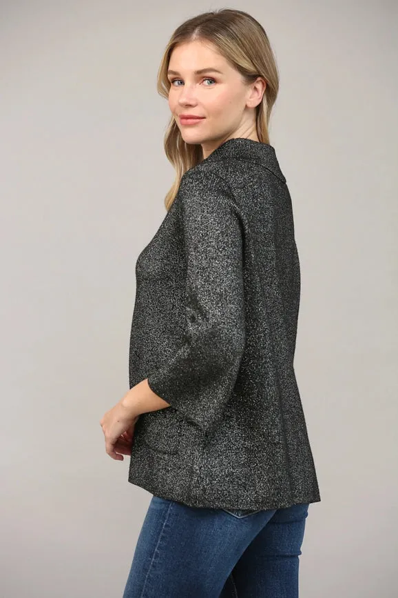 Glitter Yarn Front Pocket Detail Mock Neck Sweater Black