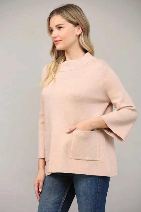 Glitter Yarn Front Pocket Detail Mock Neck Sweater  Rose Gold