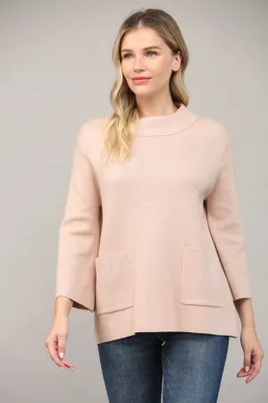 Glitter Yarn Front Pocket Detail Mock Neck Sweater  Rose Gold