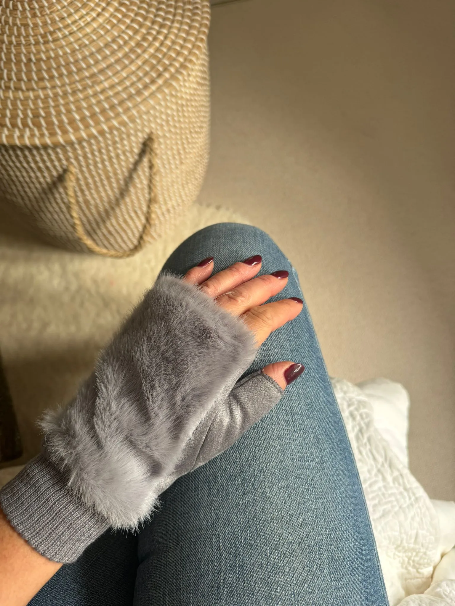 Grey Faux Fur Fingerless Gloves