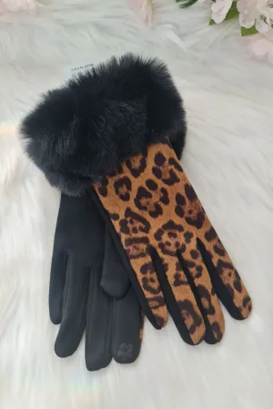 Leopard Print Faux Fur Cuff Gloves