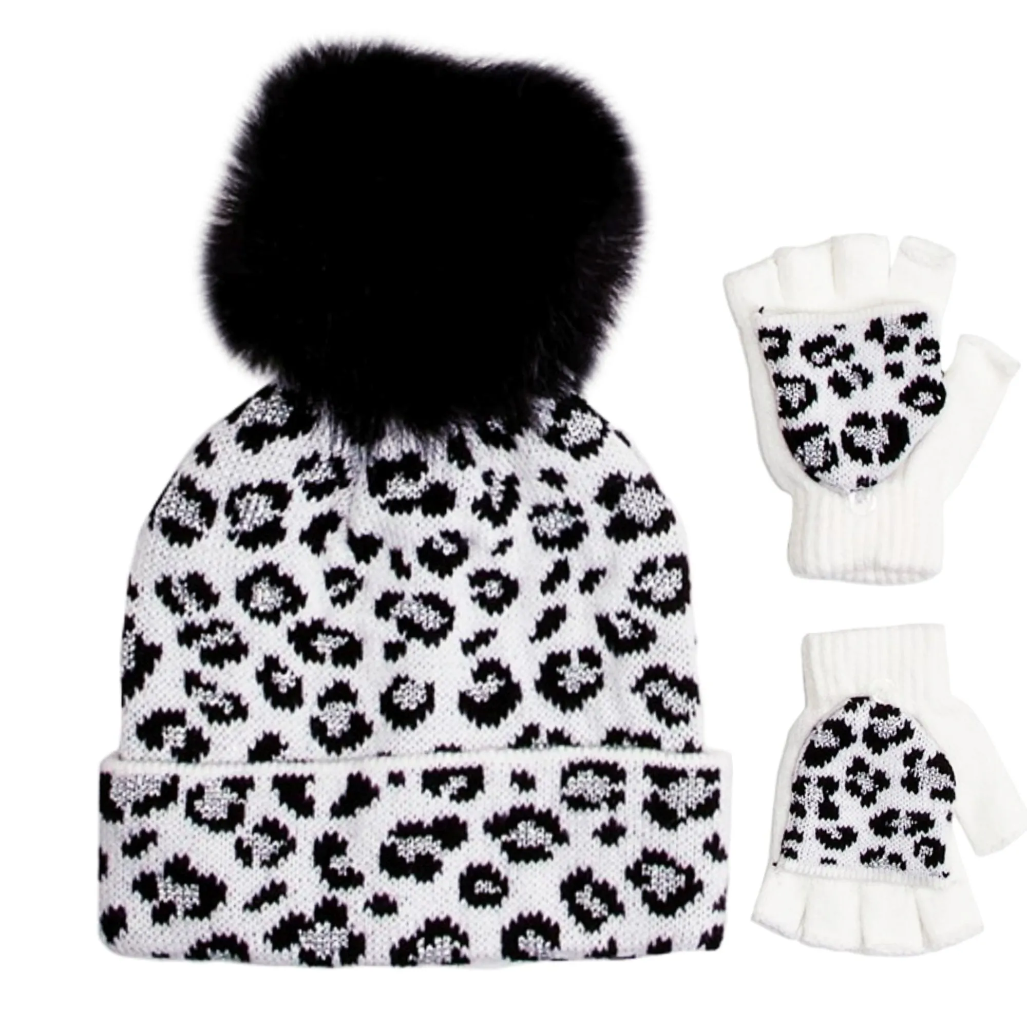 Love2Design Girls  Age (4-6) Cheetah Print Knit Faux Fur Pom Hat with Flip Top Gloves Set