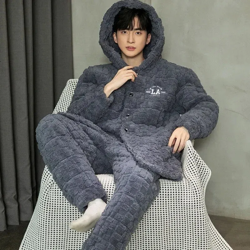 Men Pajamas Winter Coral Velvet Male 3-layer Cotton Padded Sleepwear Set Large Size Homewear Flannel Youth Warm Loungewear Suit