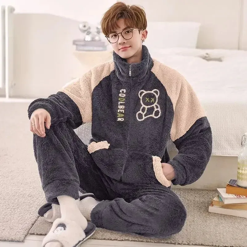 Men Pajamas Winter Coral Velvet Male 3-layer Cotton Padded Sleepwear Set Large Size Homewear Flannel Youth Warm Loungewear Suit