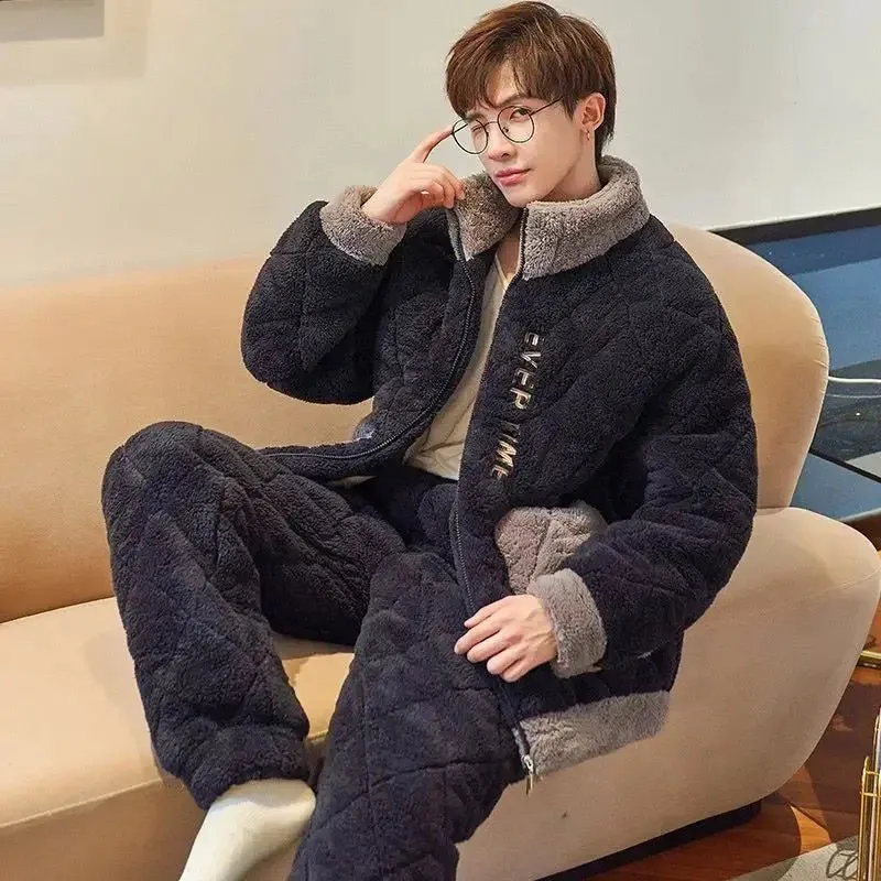 Men Pajamas Winter Coral Velvet Male 3-layer Cotton Padded Sleepwear Set Large Size Homewear Flannel Youth Warm Loungewear Suit