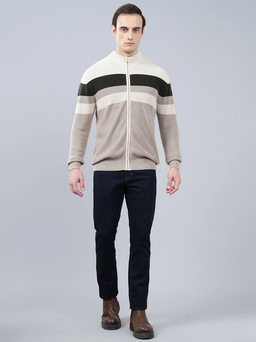 Men's Striped Beige Full Sleeve Sweater