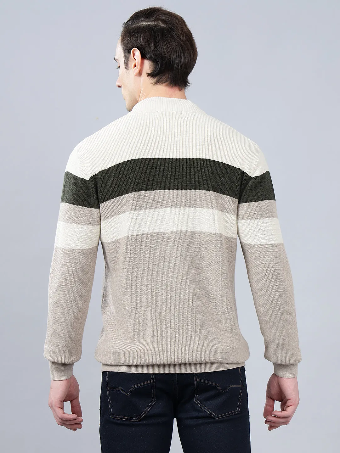 Men's Striped Beige Full Sleeve Sweater