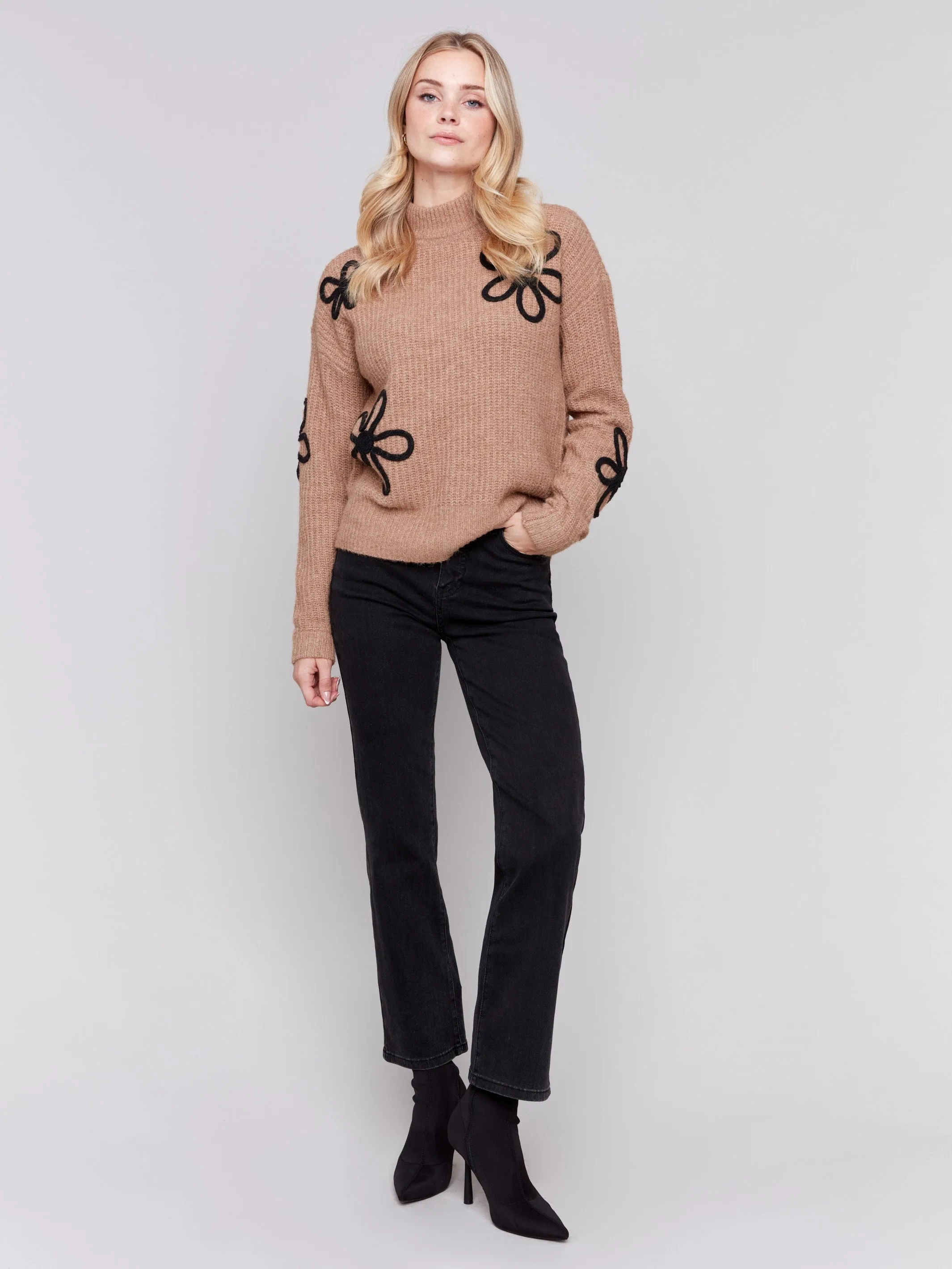 Mock Neck Floral Sweater - Truffle