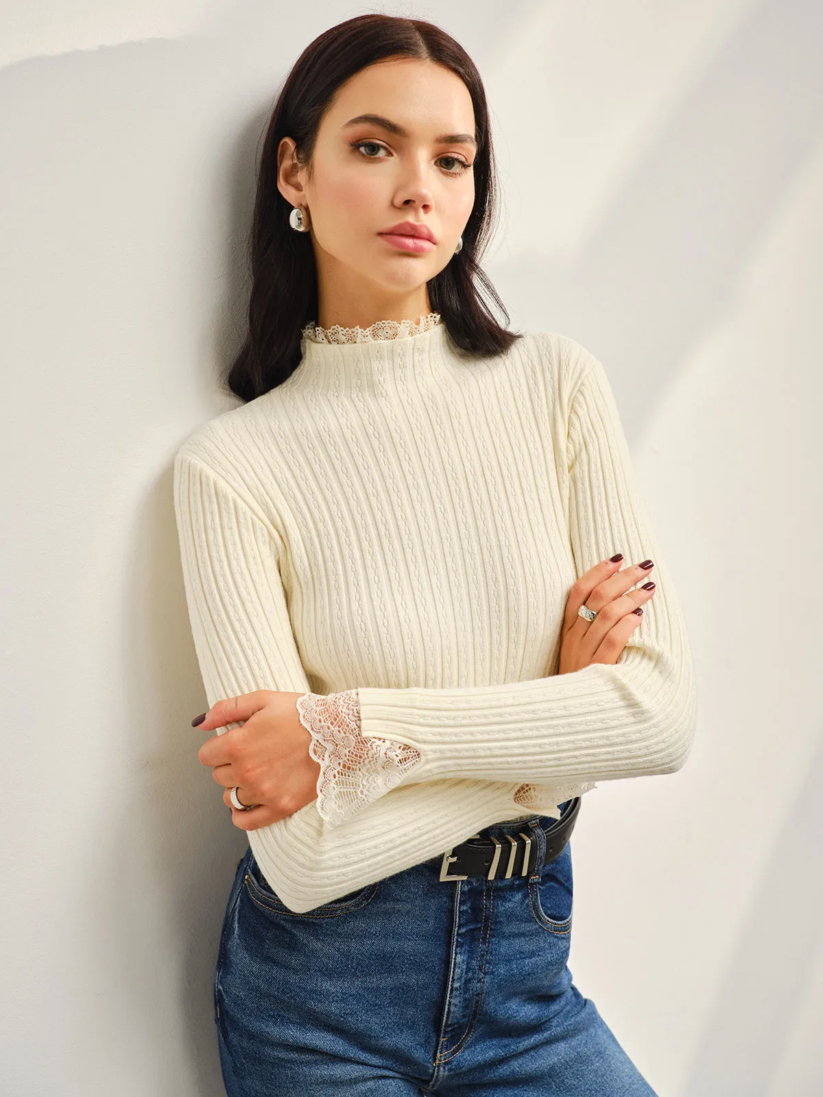 Mock Neck Lace Trim Slim Sweater