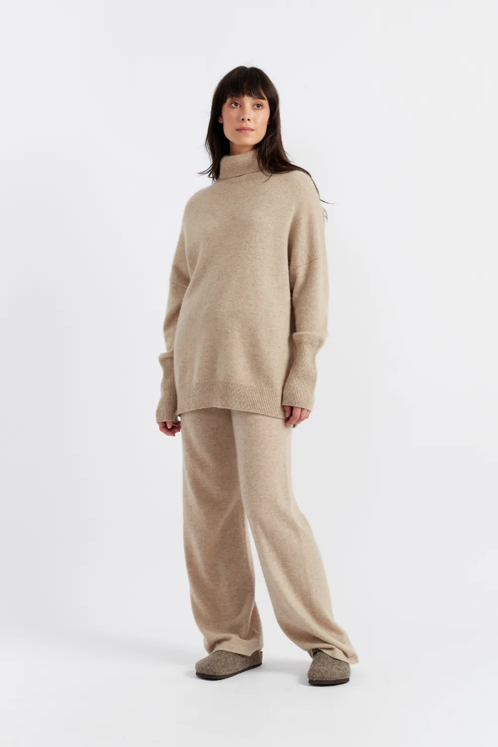 Oatmeal Cashmere Wide-Leg Pants