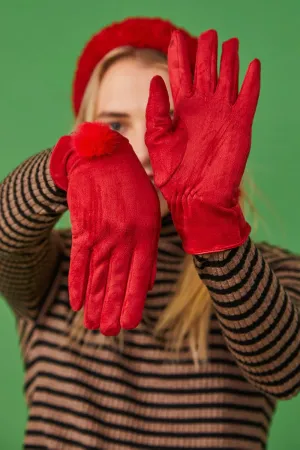 Red Faux Suede Gloves With Faux Fur Pom