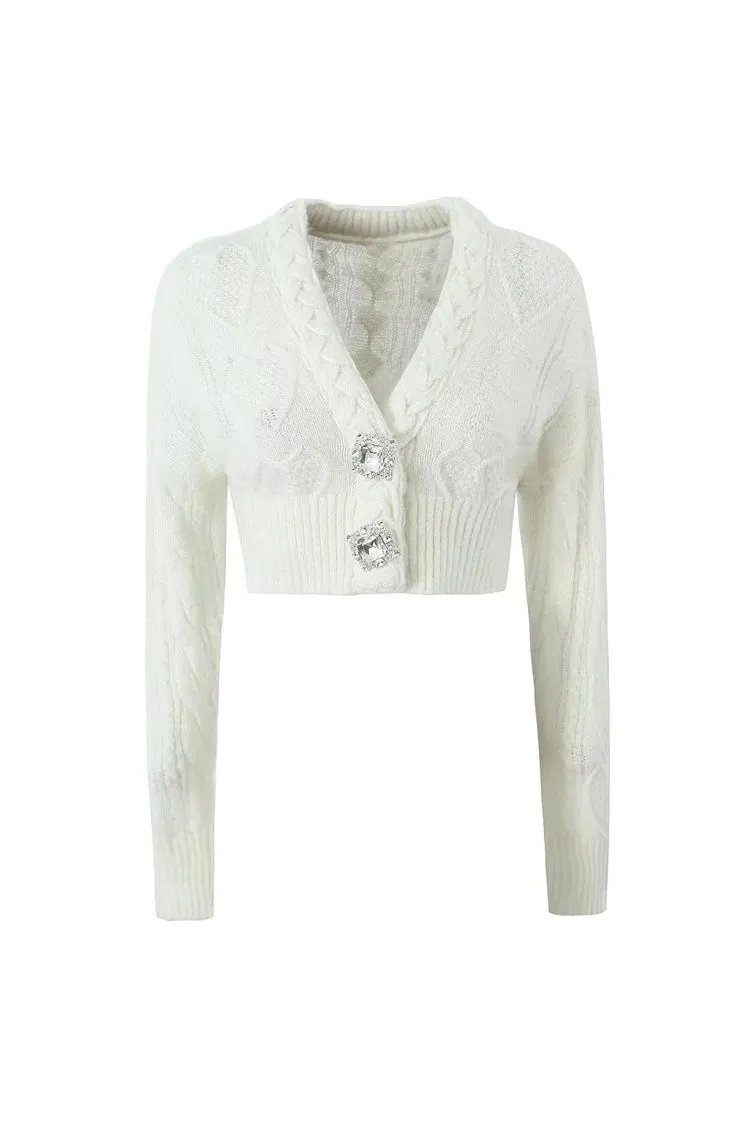 Sparkly Button Braided Cable Knit V Neck Heart Fisherman Crop Cardigan