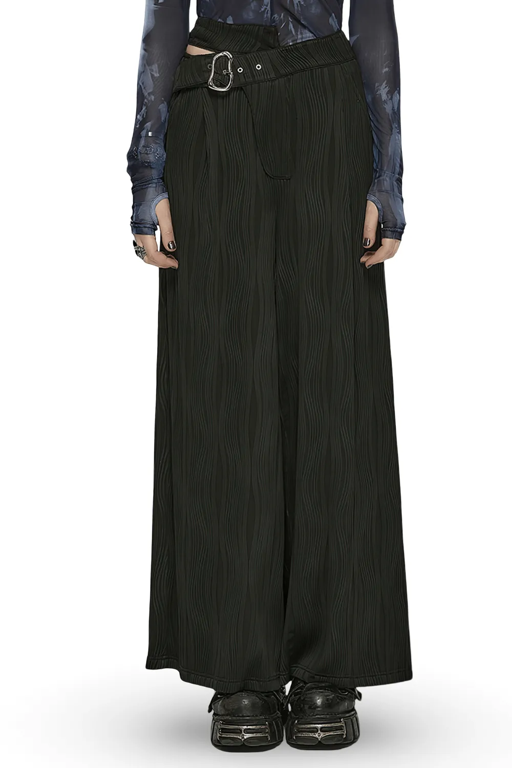 Stylish Punk Black Asymmetrical Buckle Wide Leg Pants