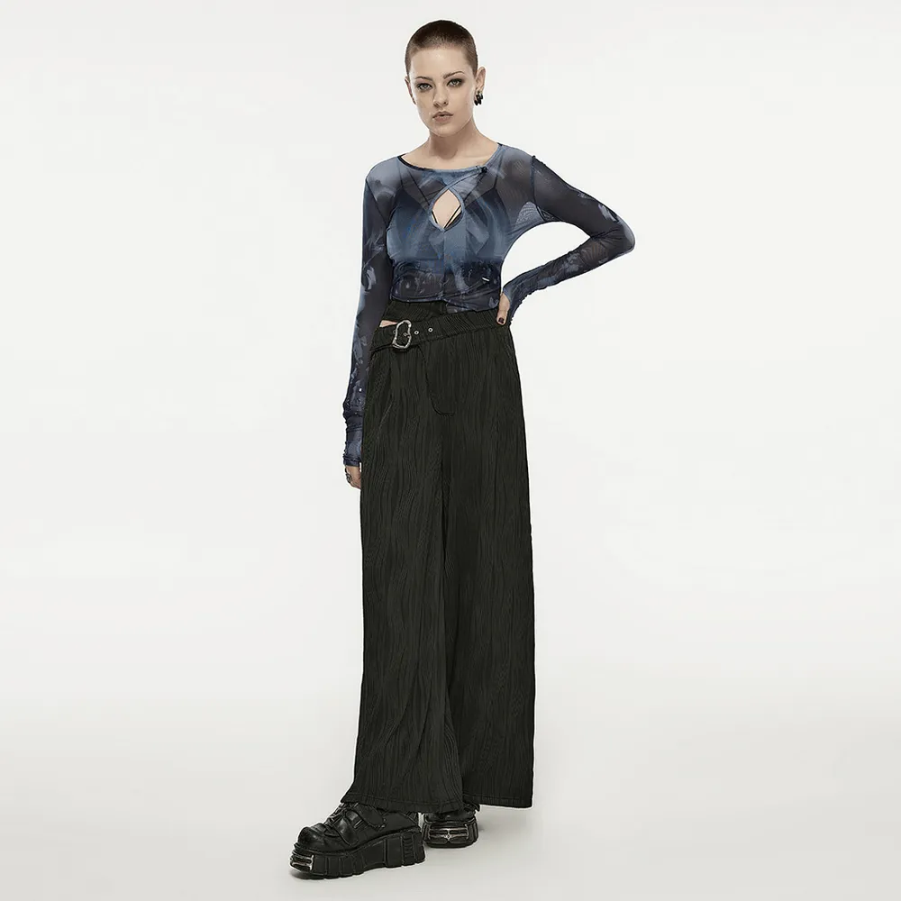 Stylish Punk Black Asymmetrical Buckle Wide Leg Pants