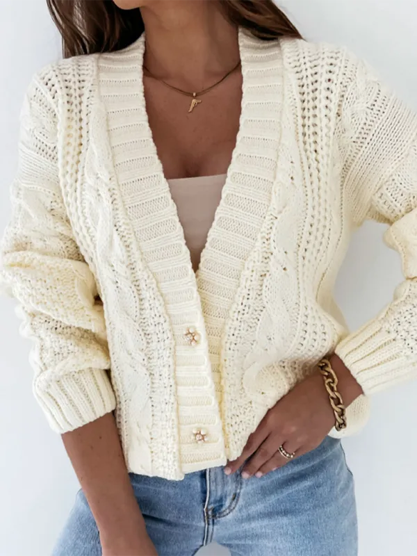 Textured Cardigan Cable Knit Crop Sweater