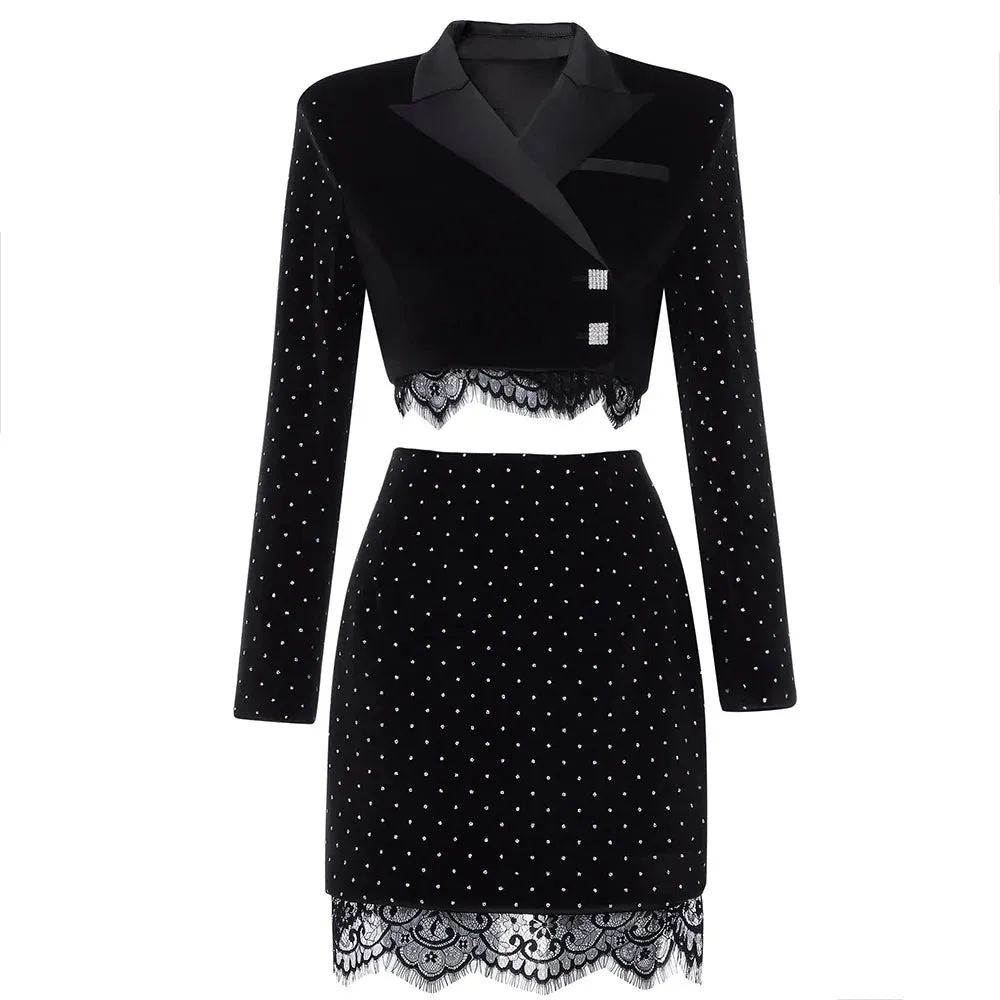 Trend4us Chic Velvet Lace Skirt Suit