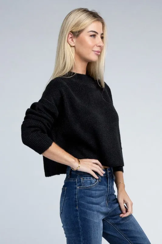 Trendy & Relaxed Black Knit Long Sleeve Top