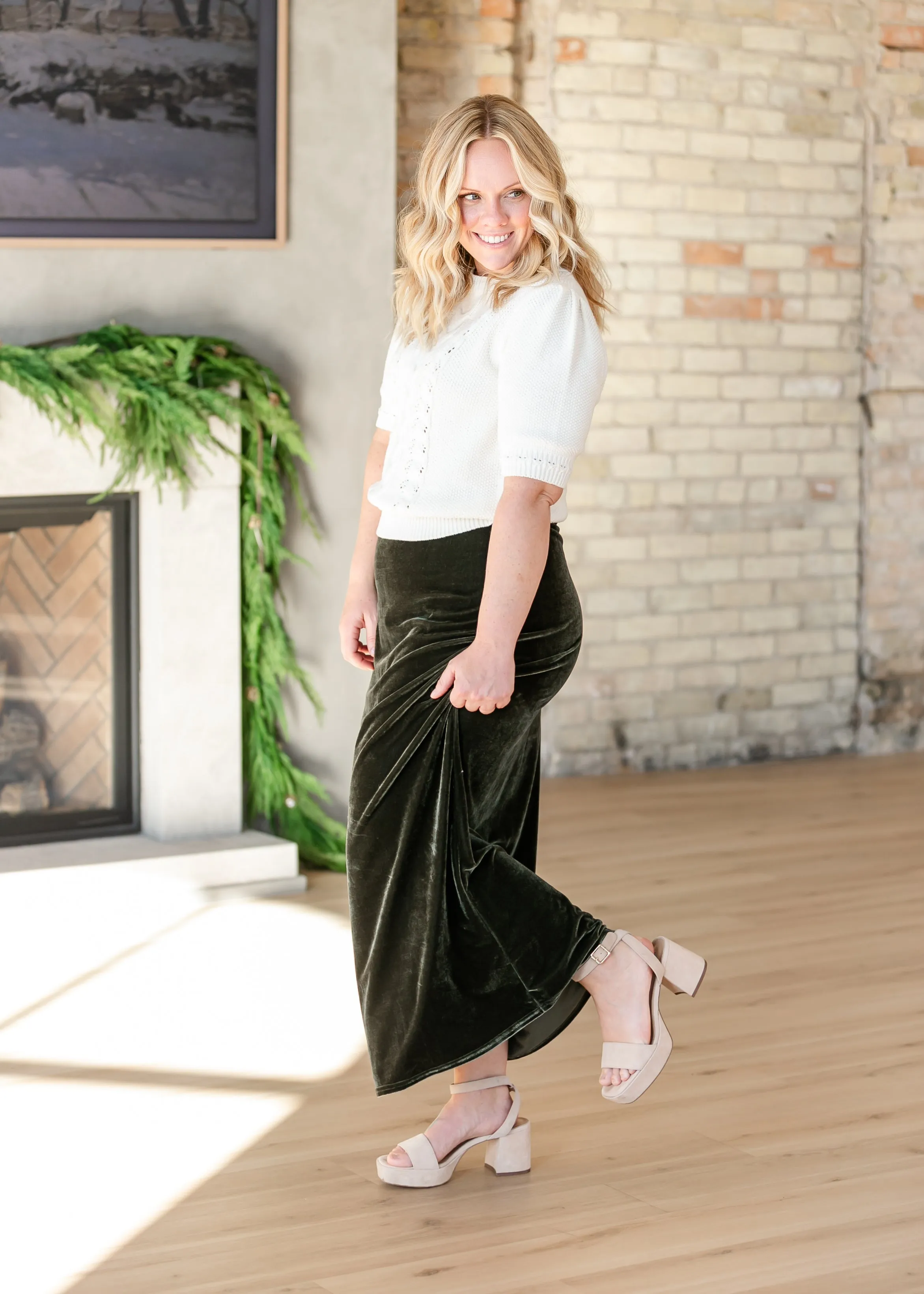 Velvet Pull-on Green Maxi Skirt