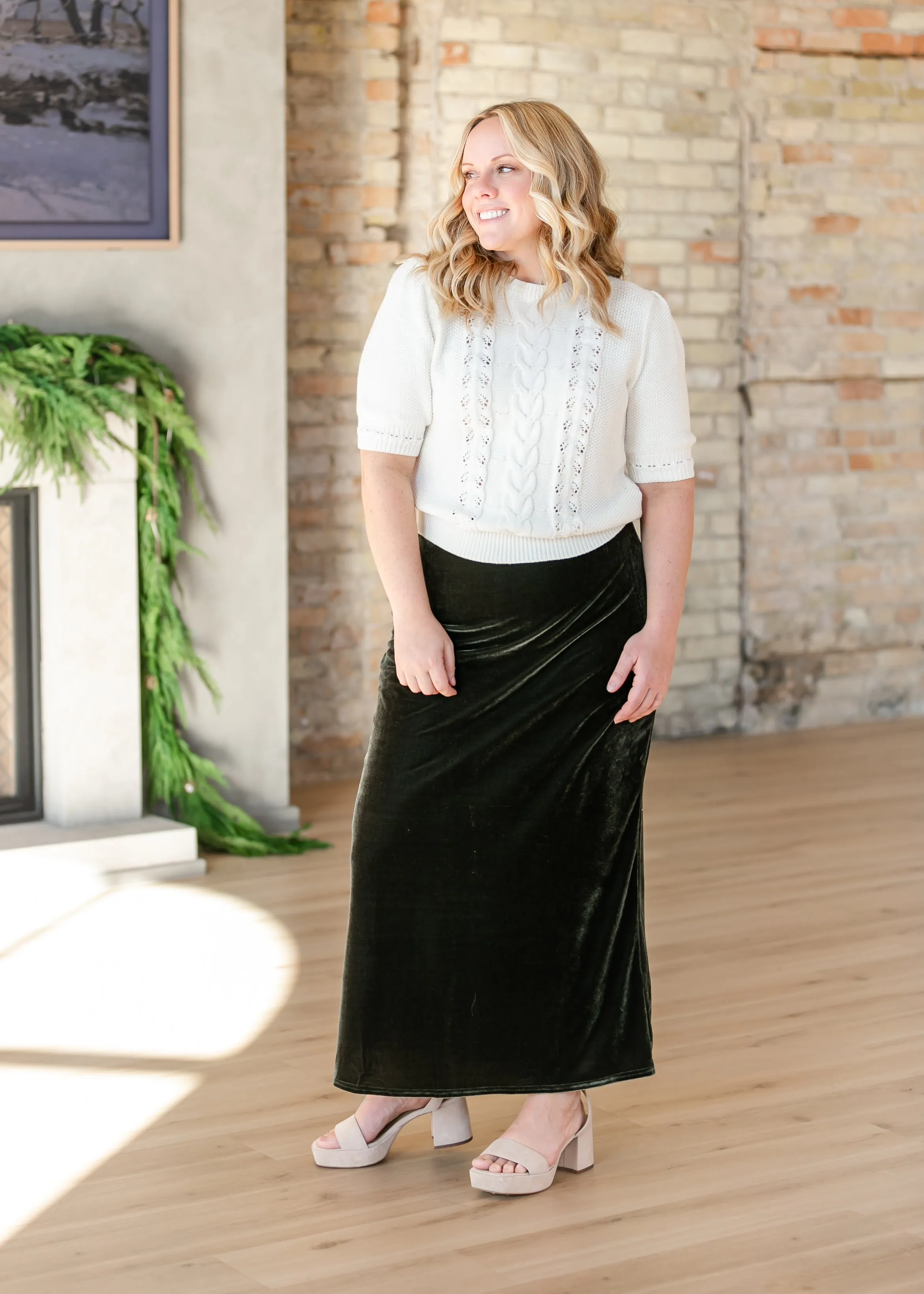 Velvet Pull-on Green Maxi Skirt