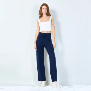 Wide-leg knit pants with drawstring waist wholesale