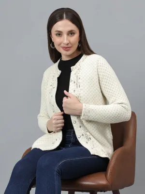 Women's Self Design Ivory Full Sleeves Casual Sweater