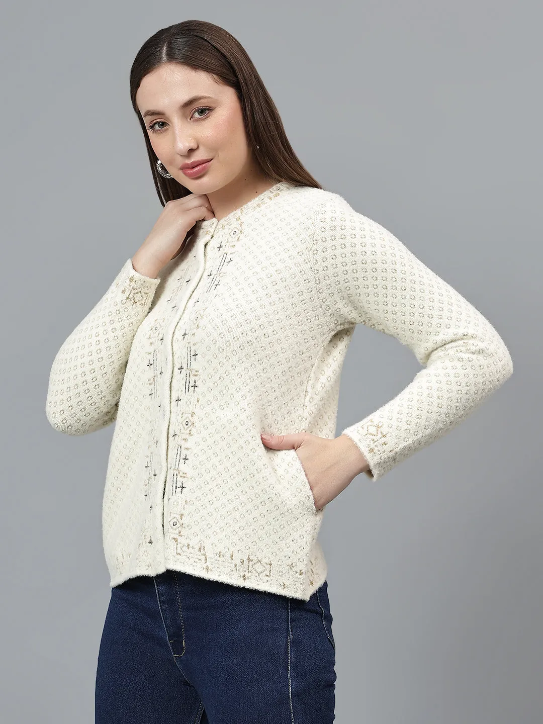 Women's Self Design Ivory Full Sleeves Casual Sweater