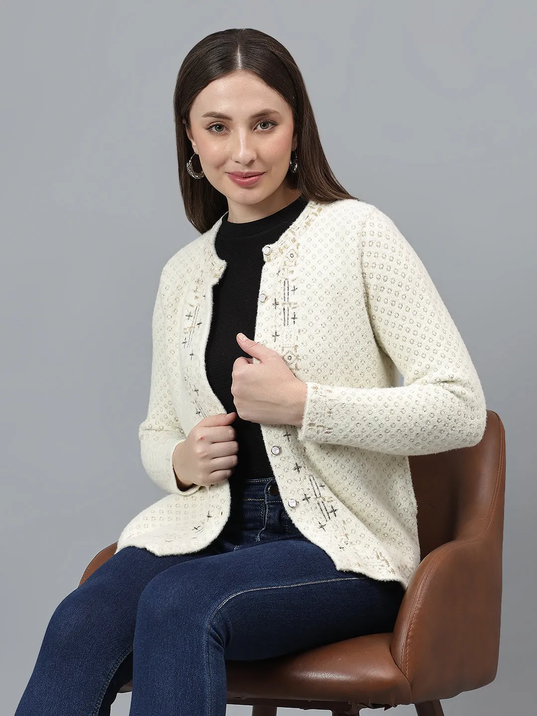 Women's Self Design Ivory Full Sleeves Casual Sweater