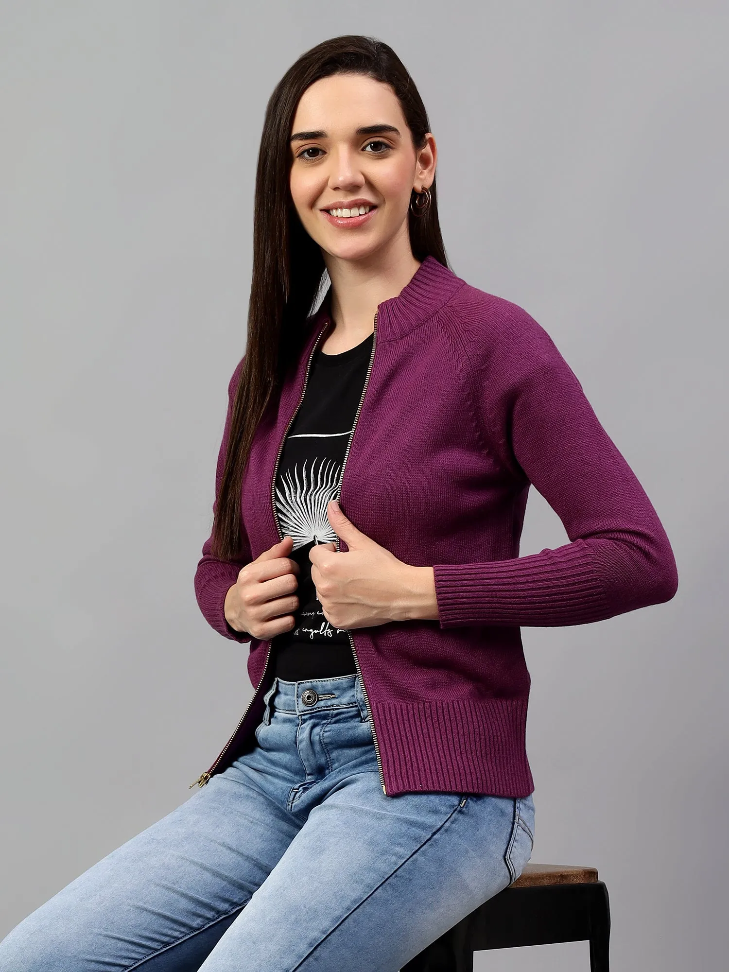 Women's Solid Purple Full Sleeve Casual Sweater